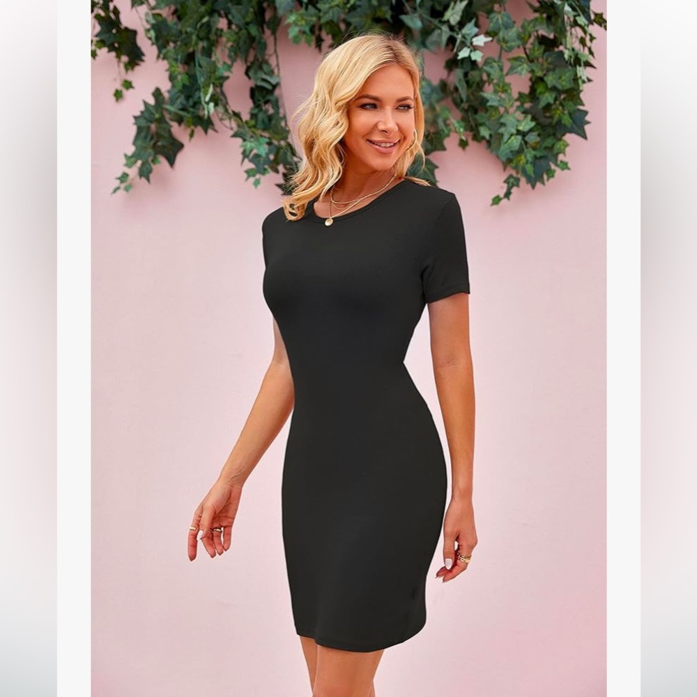 Amazon Black Ribbed Short Sleeve Bodycon Dress